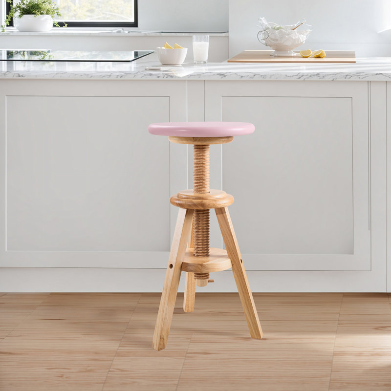 Hiltrun 18.9"-25.2"H Solid Hardwood Swivel Adjustable Height Counter Stool, Natural Base with Pink Top, Pink