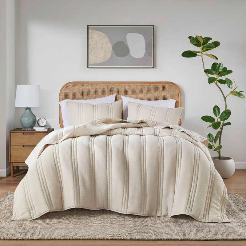 Ensemble de courtepointe 3 pièces en gaze double / grand gris, Gris, Courtepointe pour lit double/grand et 2 taies déc