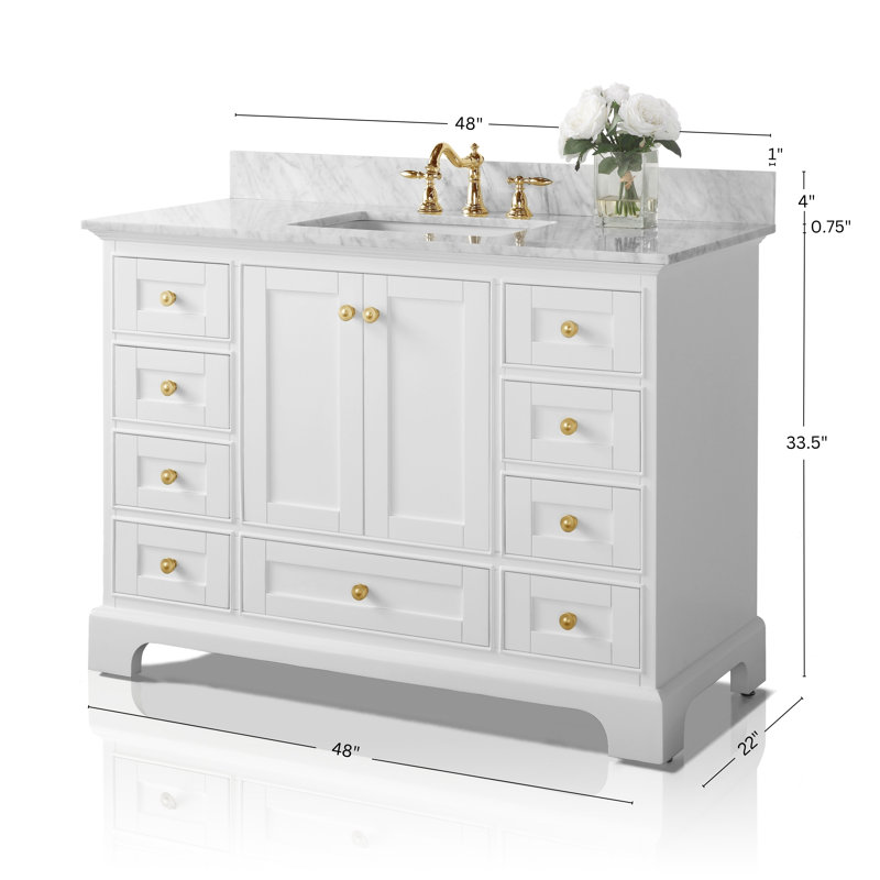 Audrey 48'' W Single Vanity, White/Brushed Gold, Carrara White Marble