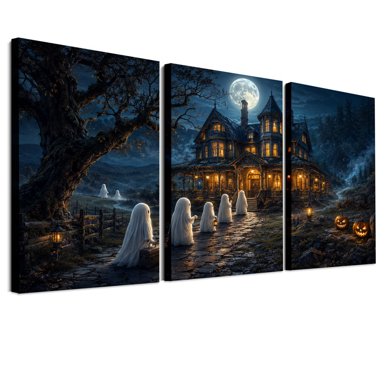 Ensemble de 3 toiles murales représentant des fantômes marchant sur un chemin de pierre illuminé pour Halloween.