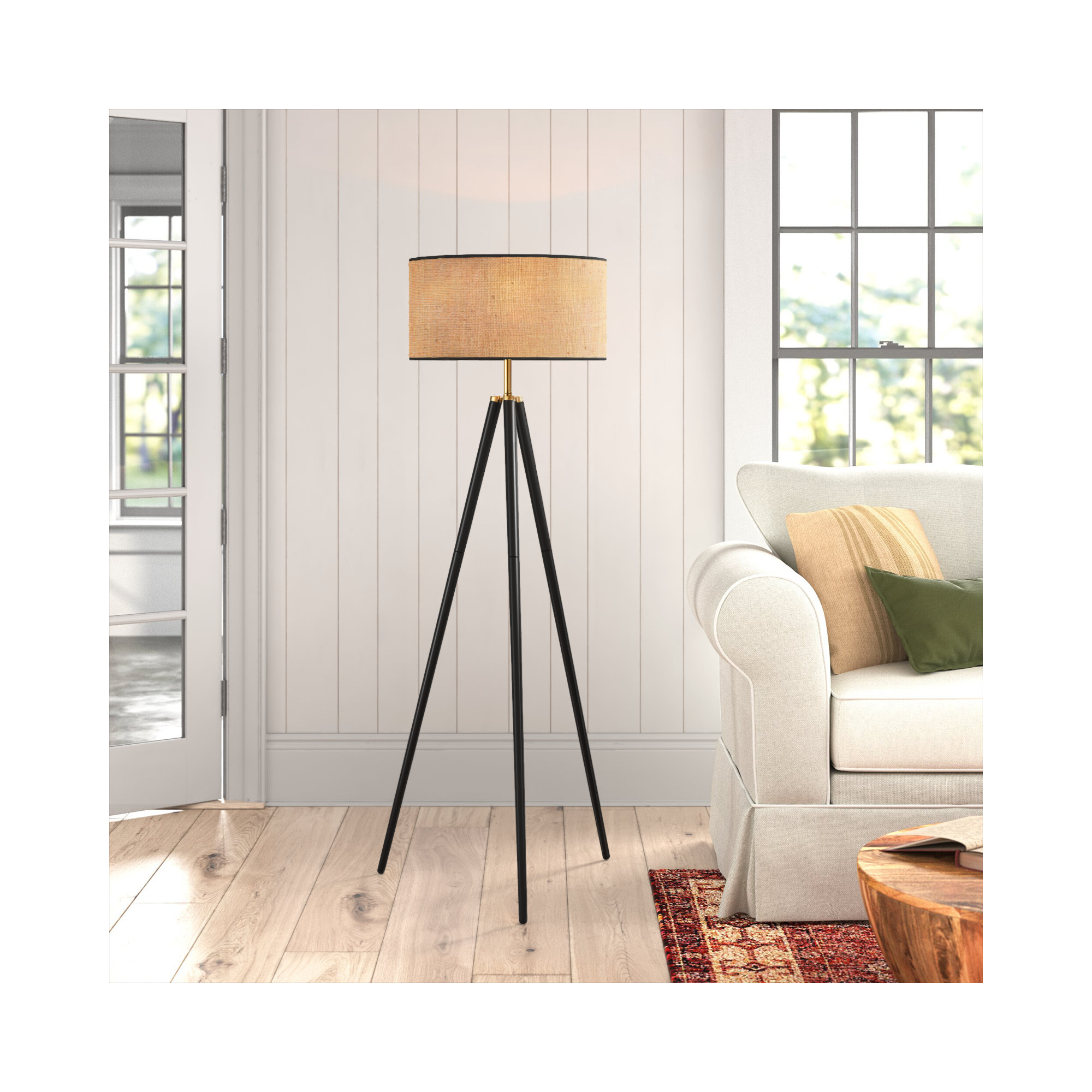 Kisa 60.5'' Dimmable Floor Lamp, Black Wood w. Antique Brass Accents, Woven Natural Rattan Shade w. Black Trim