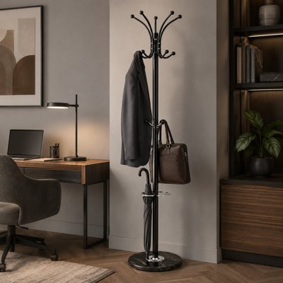 Stable Marble Base Freestanding Metal Coat Stand With Umbrella Holder Fourteen Stylish Hooks Holds Coats Hats Scarves Purses For Multiple Rooms