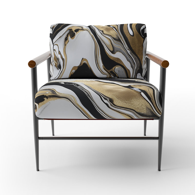 Smooth Grooves Black And Liquid Gold Marble Art - Upholstered Contemporary Arm Chair, Gold Accent Chair, Gold