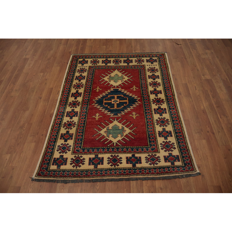 Tapis artisanal Kazak fabriqué à la main 4 x 5 avec motif symétrique