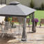 Pavillon de jardin pour terrasse avec coins et filets décoratifs, auvent gris, arbre à double toit, gris, jardin, pelouse, cour arrière