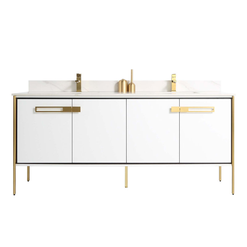 Meuble-lavabo double 72 po, Blanc mat, Laiton satiné