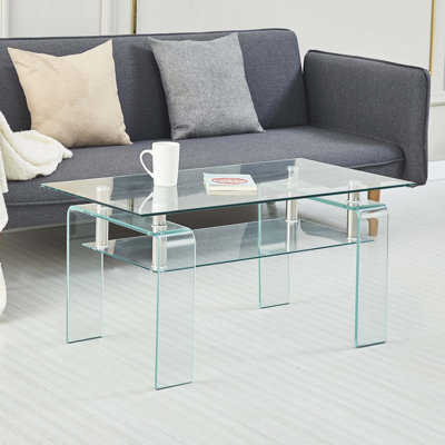 Rectangle Clear Glass Coffee Table, Modern Glass Coffee Table For Living Room, 2-Tier Storage Centre Coffee Table,Tempered Glass Tea Table