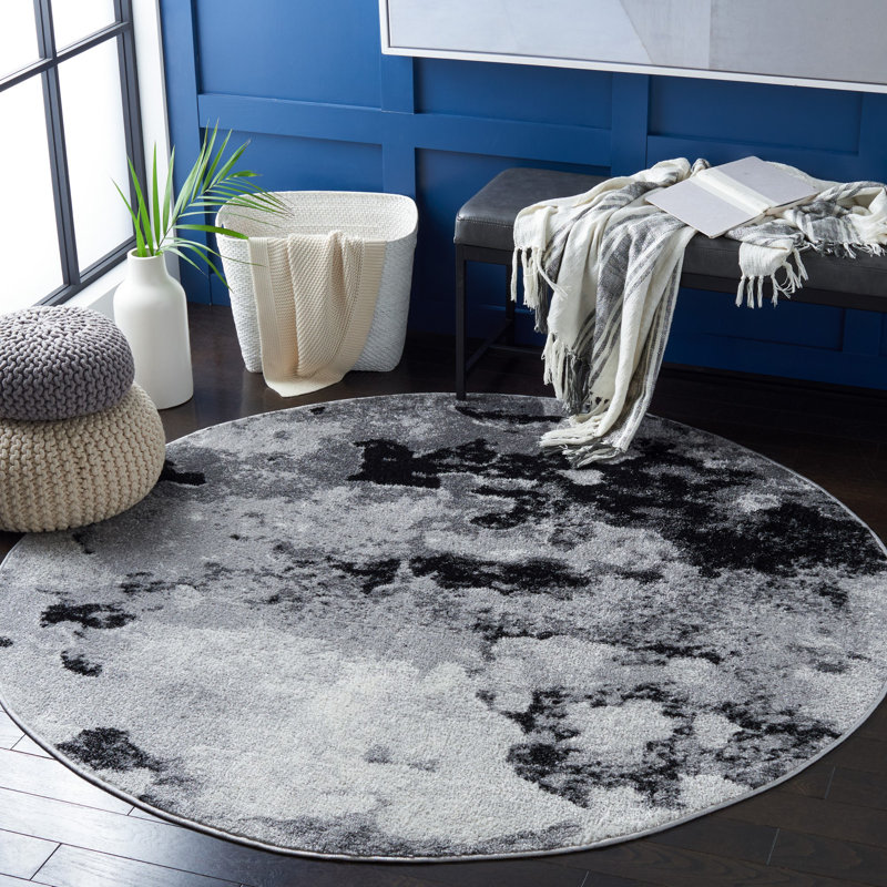 Tapis gris / noir en polypropylène tissé à la machine à motif abstrait Leonaldo, Rond 6 pi