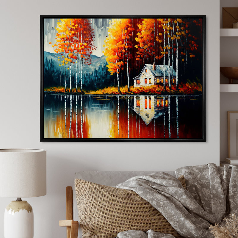 Maison de lac rouge et orange avec bouleaux - Impression sur toile, H 30 po x l 40 po x P 1,5 po