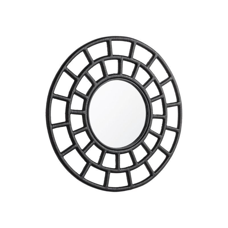 Comoros Black Rattan and Wood Round Wall Mirror
