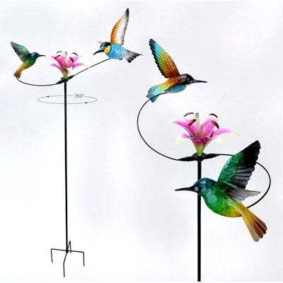 Kinetic Hummingbirds And Flower Spinner Stake
