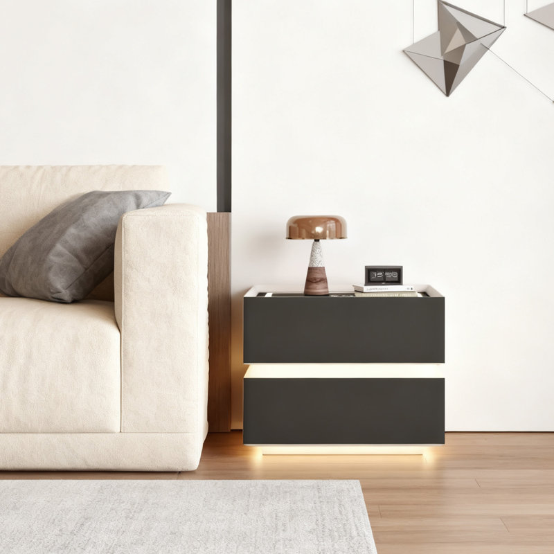 Table de chevet intelligente à 2 tiroirs avec éclairage DEL et recharge sans fil, Noir