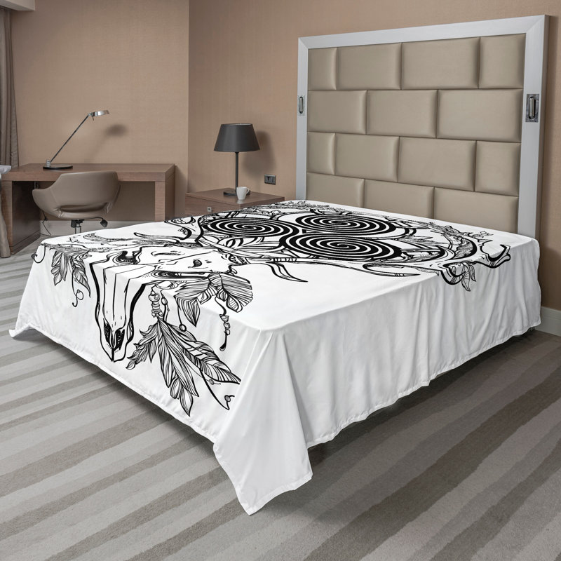 Ambesonne Celtic Top Flat Sheet Deer Skull Feather Boho Black White, King Flat Sheet