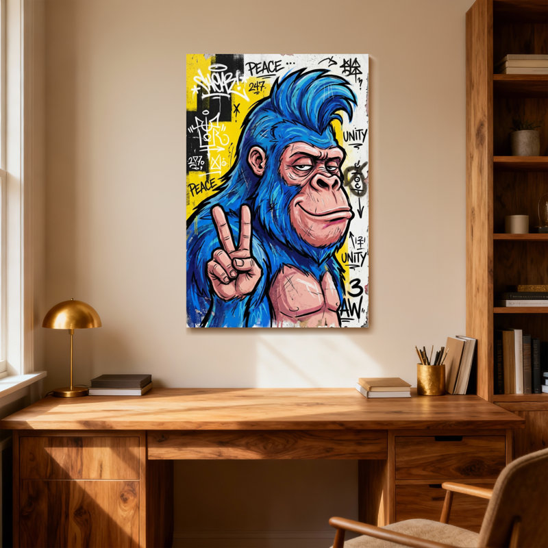 Animaux, singe bleu, signe de paix, impression sur toile Graffiti, H 48 po x l 32 po