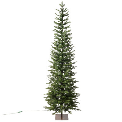 7ft Pre-Lit Pencil Christmas Tree - Slim Artificial PE Xmas Tree with 200 Warm White LED Lights, Compact Metal Base for Apartment, Entryway, Living Room and Office Decor