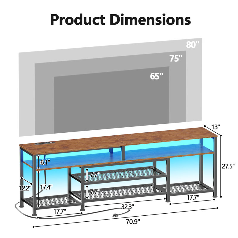 Modern TV Stand for TVs up, Media Console with Storage for Living Room, LED Entertainment Center with Outlets, Brown