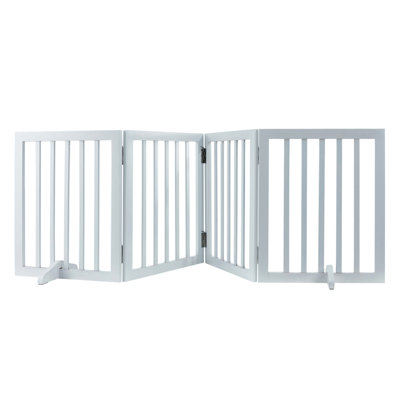Barrière pour animaux autoportante 24 po H x 80,3 po l, 4 panneaux pliables, extensible pour les escaliers d'intérieur, conception en bois blanc avec support de pied coulissant silencieux et panneau de fonction stable pour chien très large, zones, solide