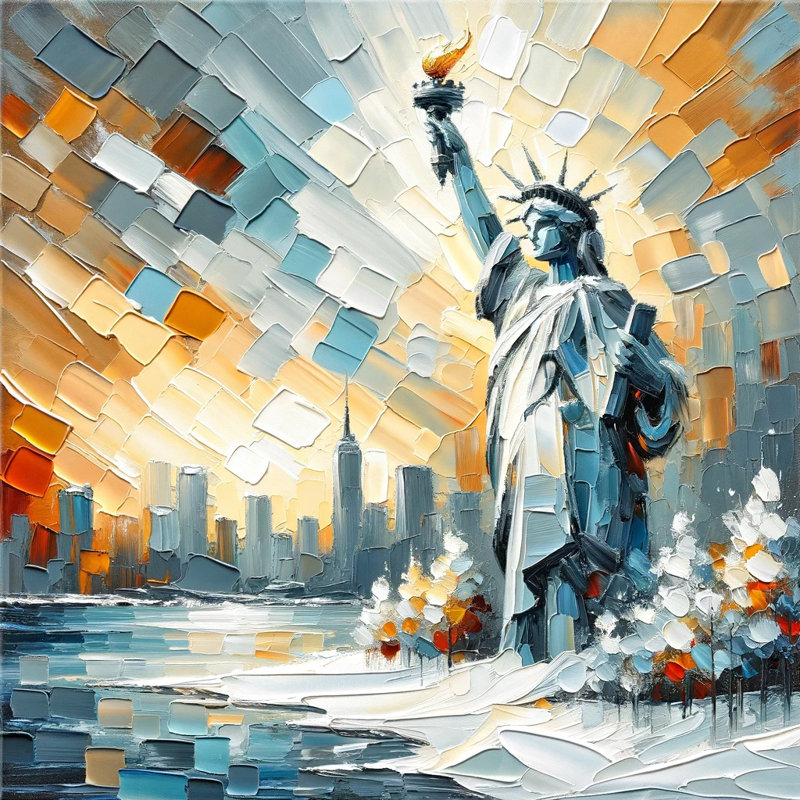 Toile tendue moderne avec empâtement moderne et statue de la Liberté, H 12 po x l 12 po x P 1 po