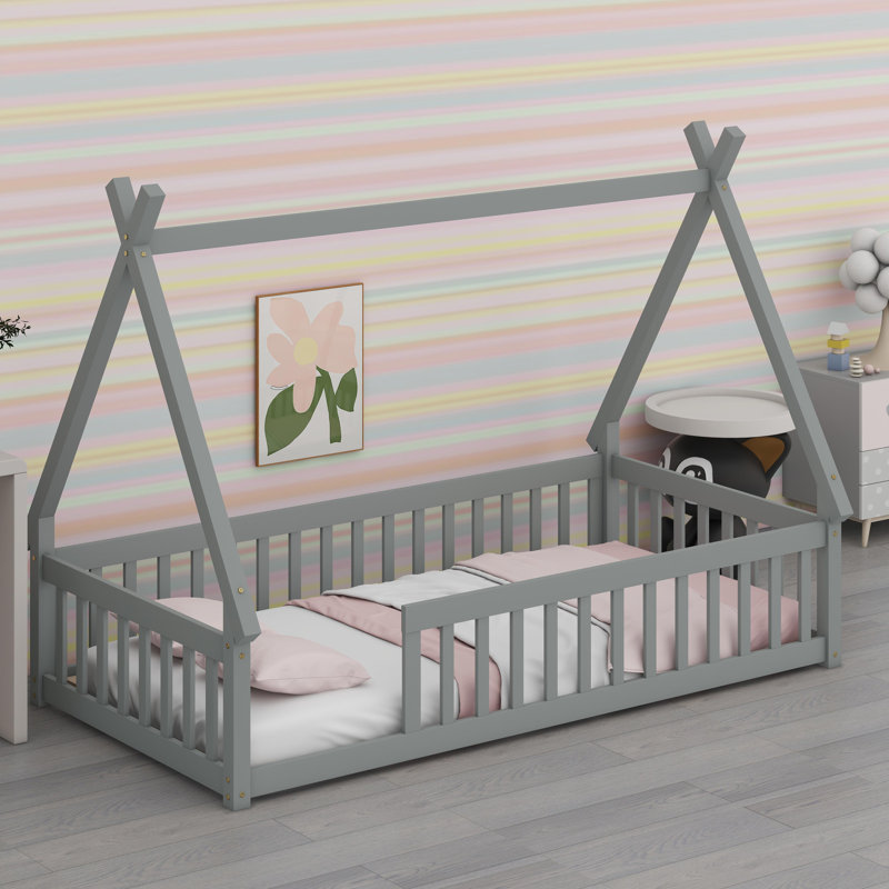 Playful  Floor Bed With Guardrails And Sturdy Slatted Base, Gray