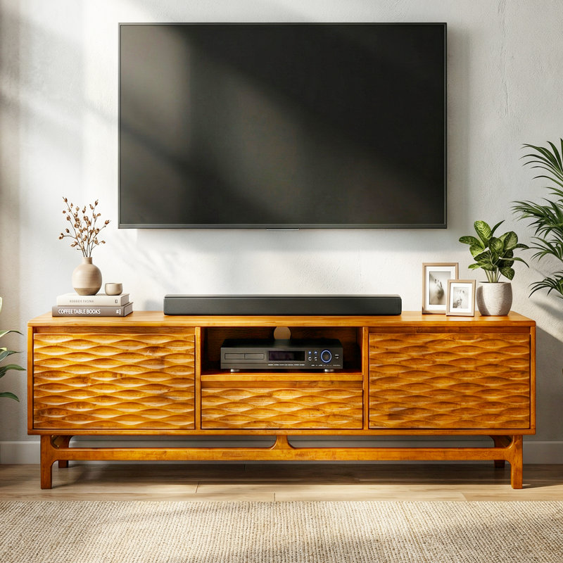 Acacia Elara Wood Caramel TV Stand for TVs up to 80", Solid Wood Media Console Entertainment Center with Storage Cabinet and Cable Management