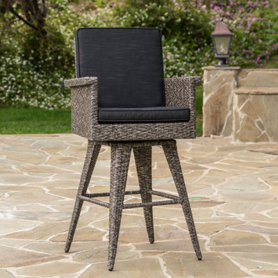 30" Outdoor Bar Stool With Dark Grey Water Quilt Pad. Faux & Iron. 22.7in D X 25.35in W 43.54in H. Assembly Required Water- Liner. Deep Wide High.