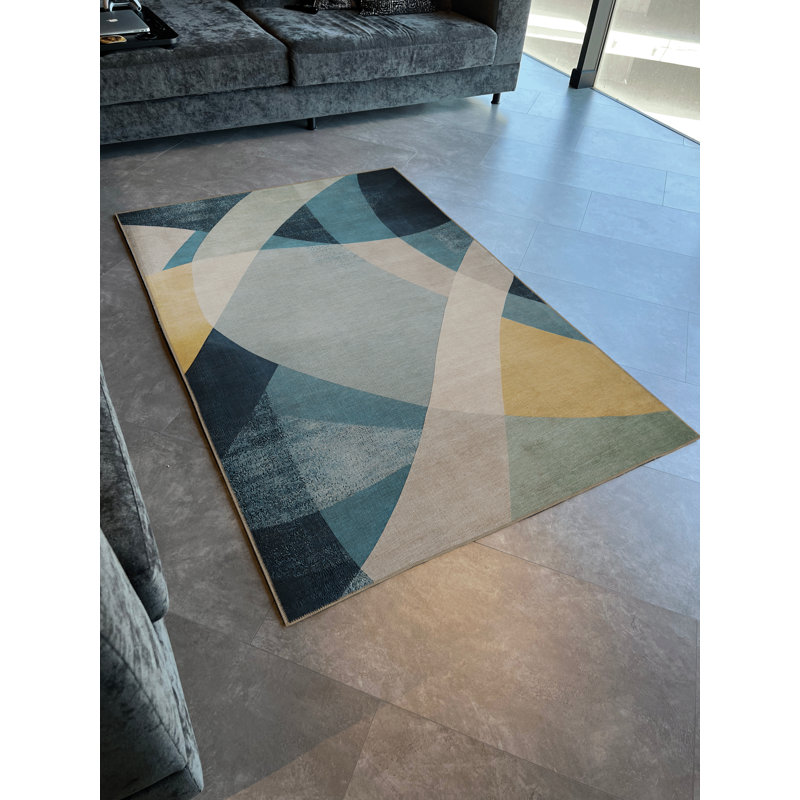 Tapis décoratif moderne à motifs géométriques multicolores aux tons bleus, Rectangle 3 pi 11,24 po x 5 pi 10,87 po