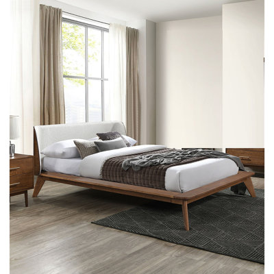 Lit 1 pièce en tissu tête de lit à oreilles, cadre de lit plateforme, prêt pour le matelas, style Mid-Century moderne