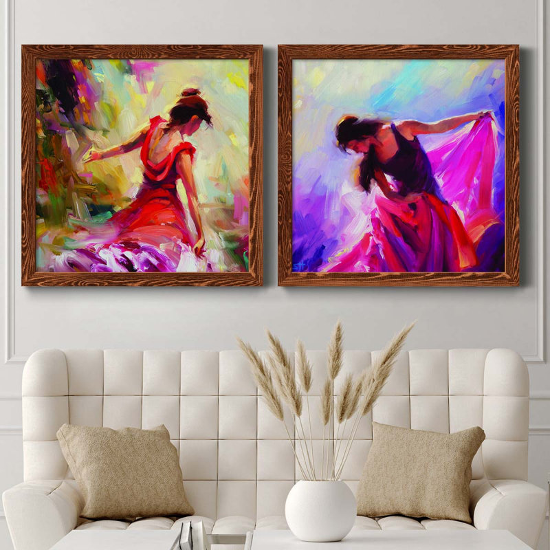 Danseuse - ensemble de 2 peintures sur toile encadrées, H 27,5 po x l 55 po x P 1,5 po, Cadre en érable