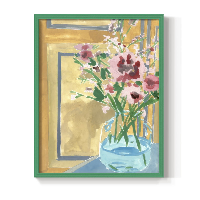 Fleurs en bouteille I, reproduction encadrée - bois massif, H 21 po x l 17 po, Vert