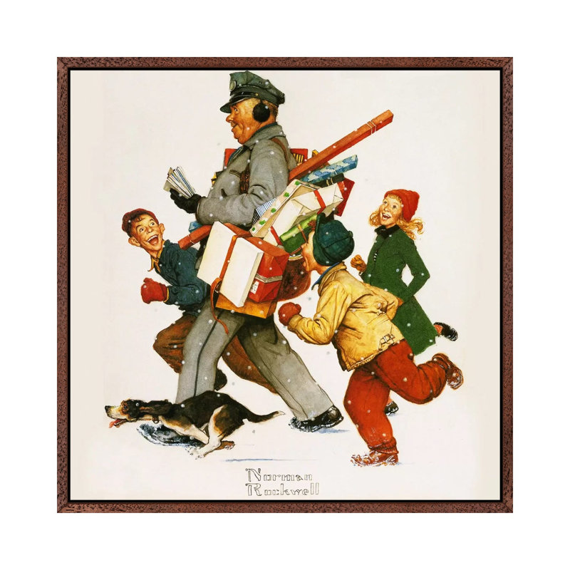 Jolly Postman by Norman Rockwell - Painting on Canvas, 45.72 cm H x 45.72 cm W, Classic Brown Wood Framed