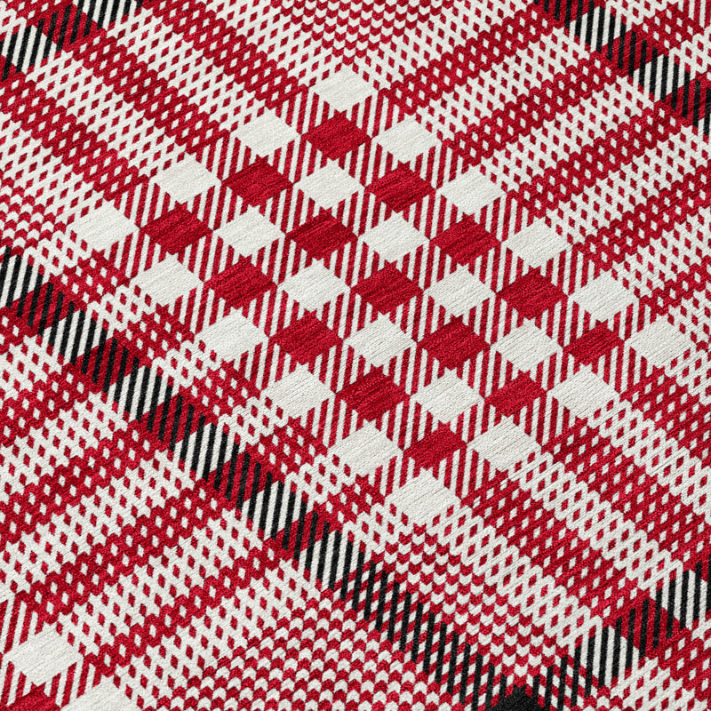 Red Plaid Synthetic Washable Indoor Outdoor Rug 3' x 5'