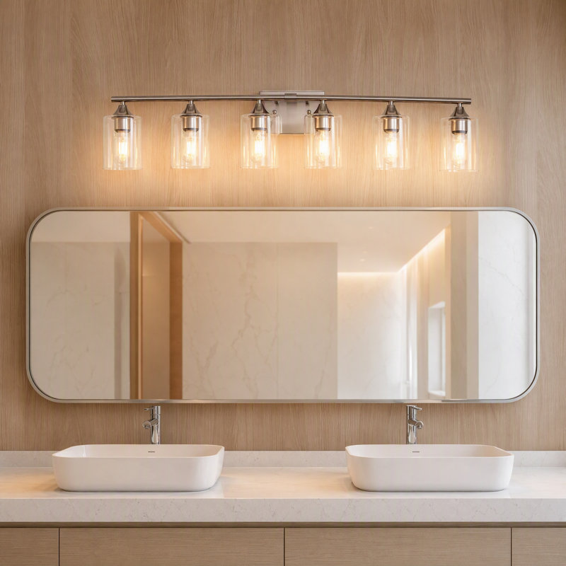 Applique murale de salle de bain à 6 lumières, fini nickel argenté brossé, abat-jour cylindrique en verre transparent, idéale pour les hôtels et les salles de bain principales.