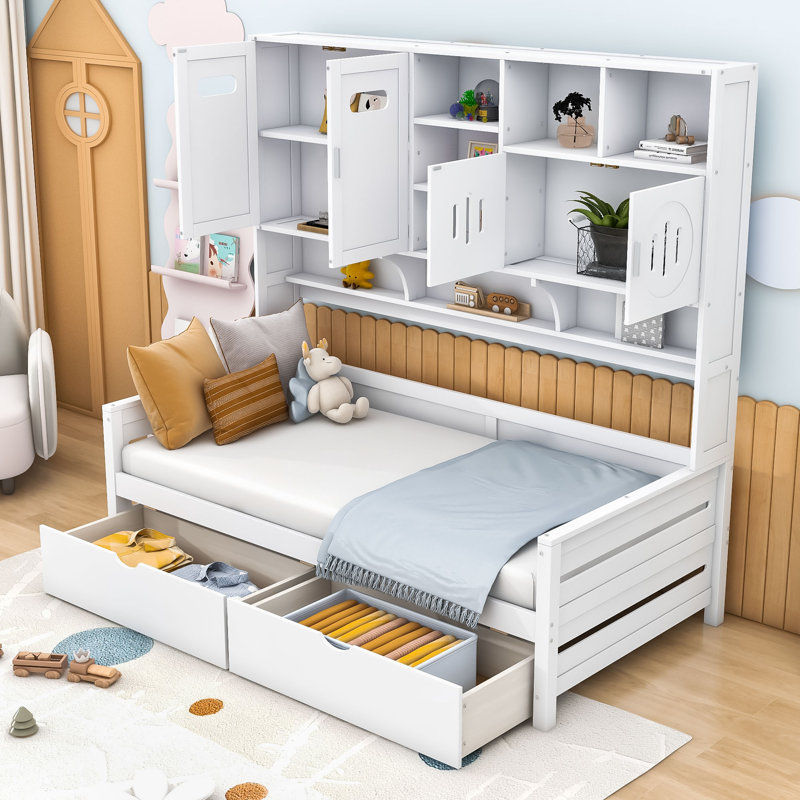 Lit de jour en bois avec deux tiroirs, armoire et tablette, Lit simple, Blanc