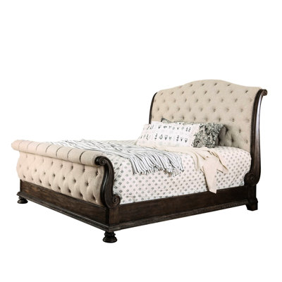 Eastern King Size Bed With Beige Fabric Headboard, Modern And Transitional Style, Rustic Natural Tone, Solid Wood Contemporary Bed, Look,