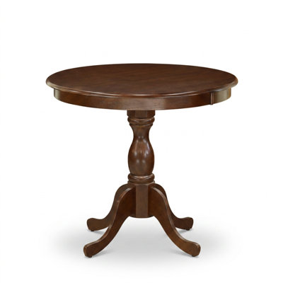 Ensemble table et chaises de salle à manger rondes en acajou, avec piètement double et dossier en X.