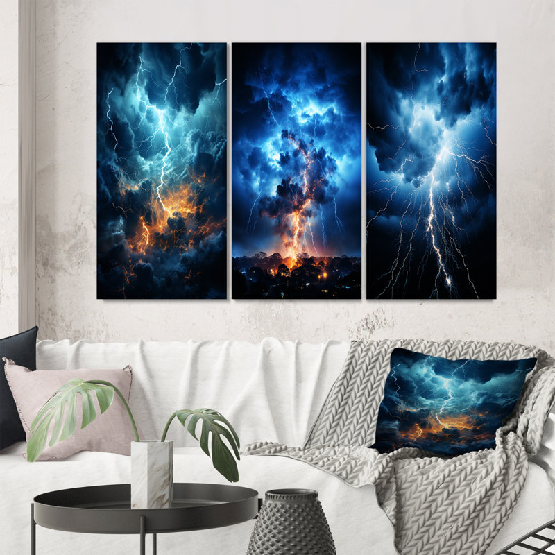 «Lightning Ethereal Lightning», 3 pièces sur toile, Toile tendue, H 32 po x l 48 po