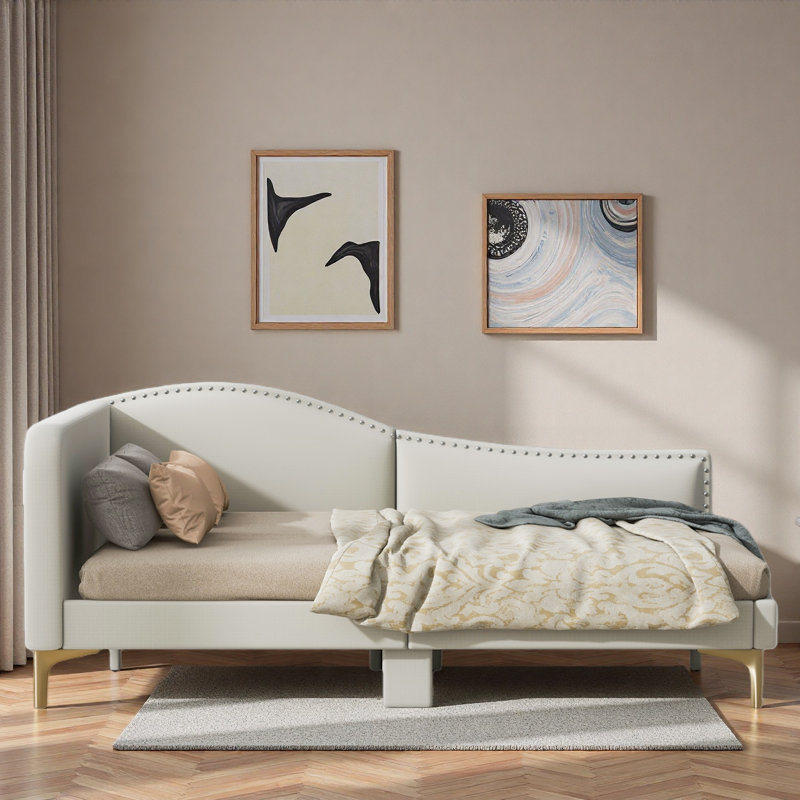 Upholstered Daybed With Headboard And Armrest, Beige, Full/Double