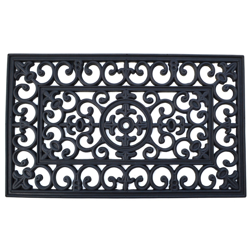 Black Scroll Design Rubber Outdoor Doormat 18" x 30"