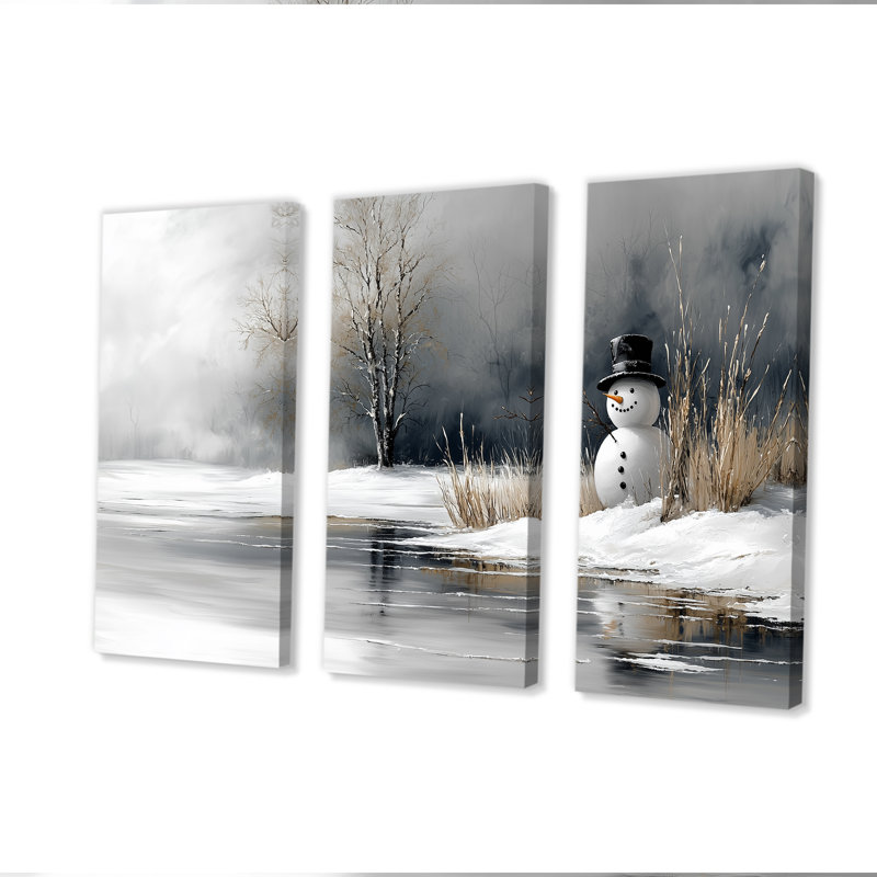 Bonhomme de neige de Noël dans des tons blancs et gris - Ensemble d'art mural de bonhomme de neige de Noël, Toile tendue
