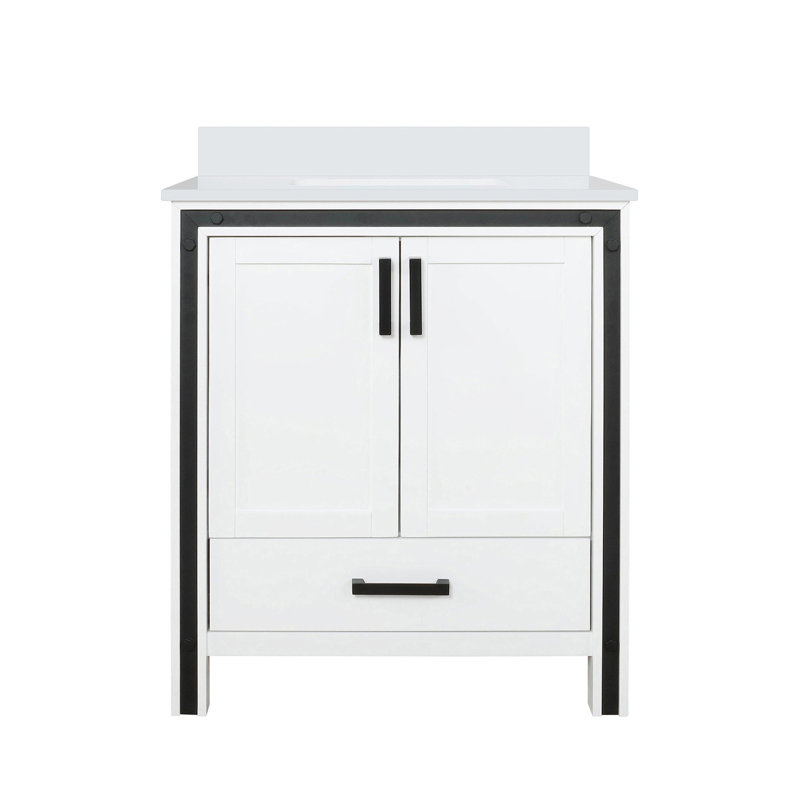 Meuble-lavabo de comptoir blanc en quartz 30 po X P 22 po - Bois massif, fermeture en douceur, résistance aux égratignures et aux taches, armoire intérieure et tiroir de rangement, installation d'un seul robinet possible avec le dessus