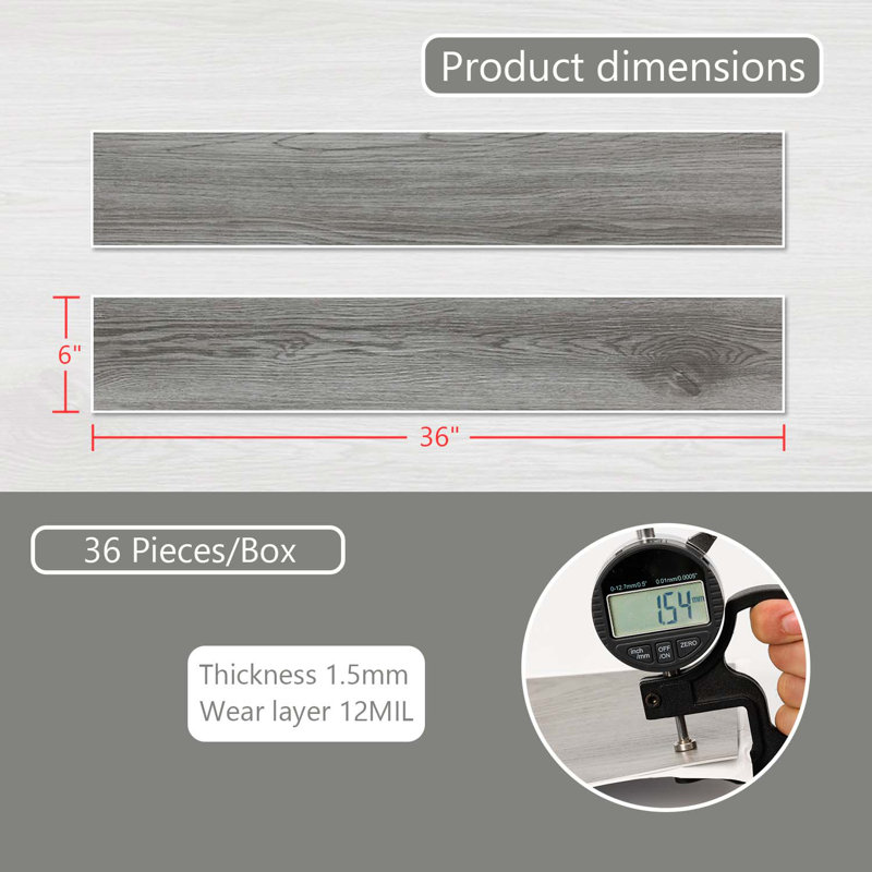12 Mil X 6 In. X 36 In. Luxury Vinyl Plank Flooring Tile, Peel And Stick Pvc Flooring (54 Sq. Ft./case), Gray Wood