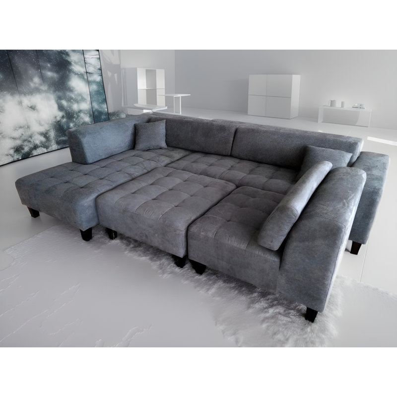 Behadil Upholstered L-Shaped Sectional Right Hand Facing, Dark Gray Microfiber/Microsuede, Left Hand Facing