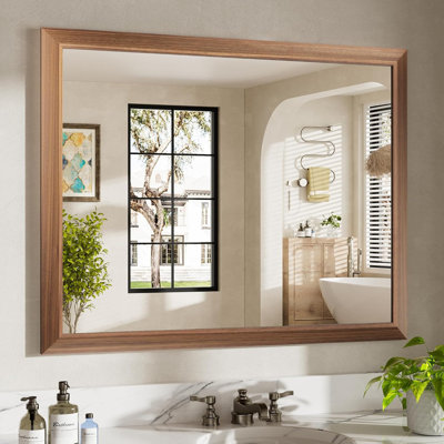 Miroir de salle de bain 40 po x 32 po pour le mur, miroirs de salle de bain antidérapants en bois de noyer à grain de bois pour le dessus du lavabo, miroirs rectangulaires pour meuble-lavabo, maison de campagne, chambre à coucher, salon, décor de vestibule
