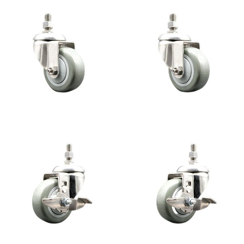316SS Polyurethane Swivel Threaded Stem Caster Set 2 Brakes