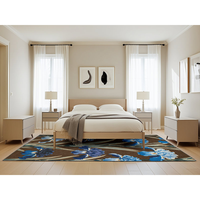 Machine Washable Botanical Brown Area Rug, Rectangle 5' x 8'