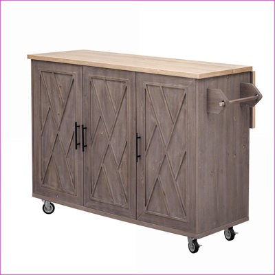 Kitchen Island Farmhouse Style with Drop Leaf, Storage &amp; Wheels – Walnut Brown Ash Veneer | MDF,Pine | Medium (40-55in)
