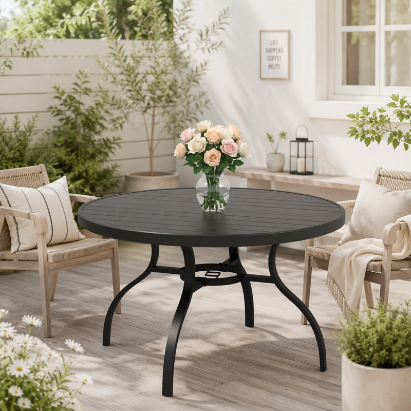 Table de salle à manger ronde noire de 119 cm (47 pouces), grande table moderne monobloc pour l'intérieur et l'extérieur, idéale pour les repas en famille, sur la terrasse ou dans le jardin.