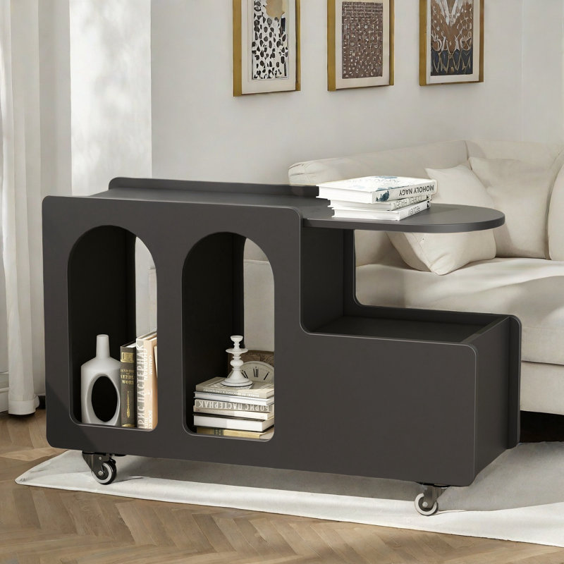 Mobile End Table With Lockable Wheels, A Drawer And Raised Tabletop Edge, Black