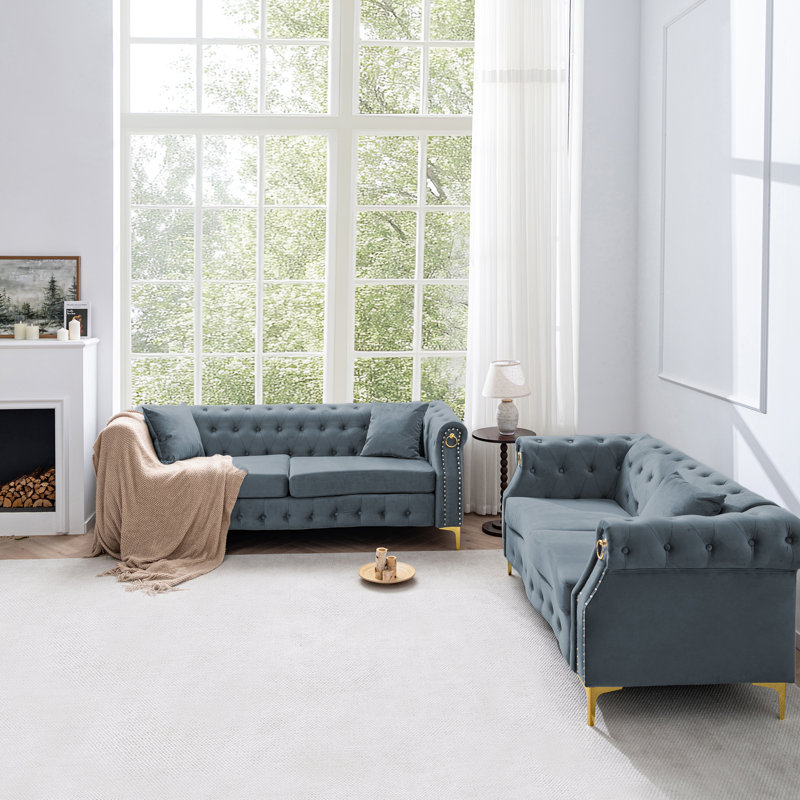 Ensemble de canapé rétro en velours Chesterfield pour le salon, Gris