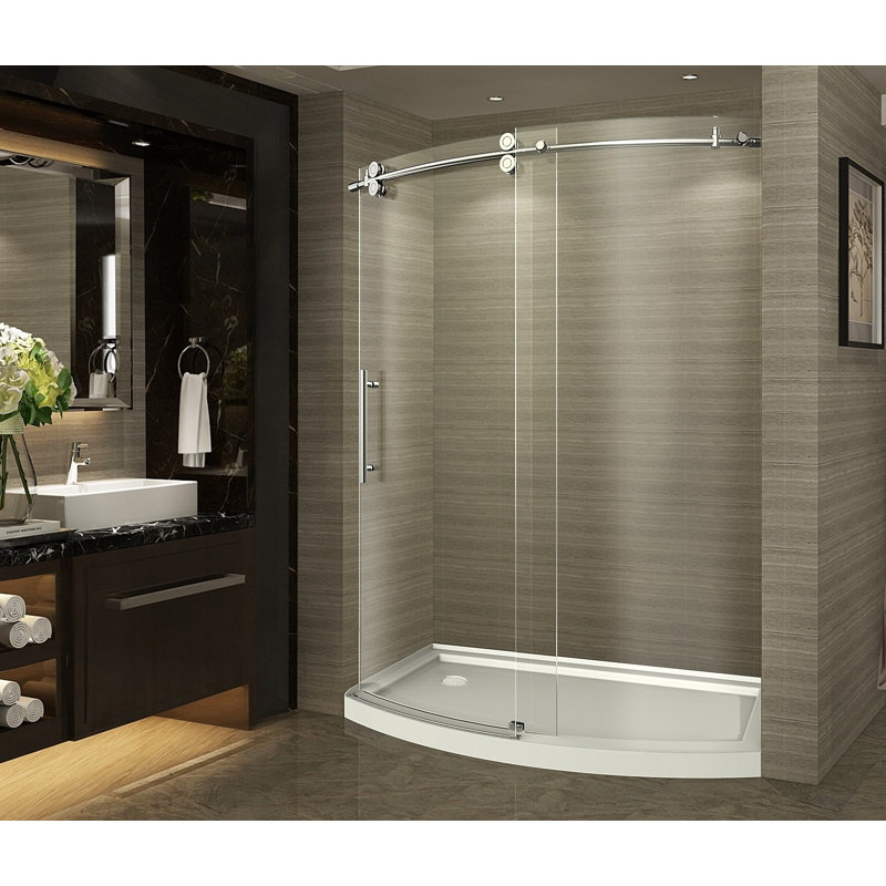 ZenArch 60" W x 77.5" H Single Sliding Frameless Shower Door, Left Opening, Brushed Stainless Steel, Right Drain